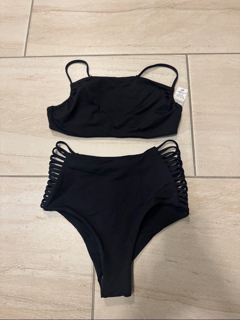L*Space Black Two-Piece High-Waist Harrington Bottoms Bikini Set Size Small